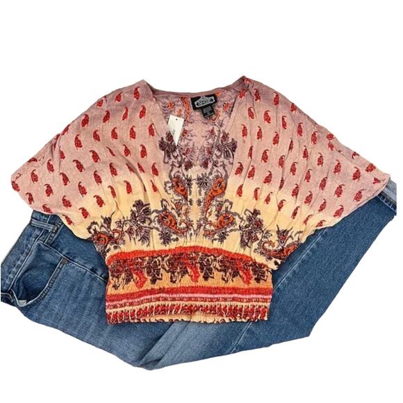 NWT Francesca's Angie Colorful Smocked Rayon V-Neck Blouse - SIZE MEDIUM - Picture 1 of 7
